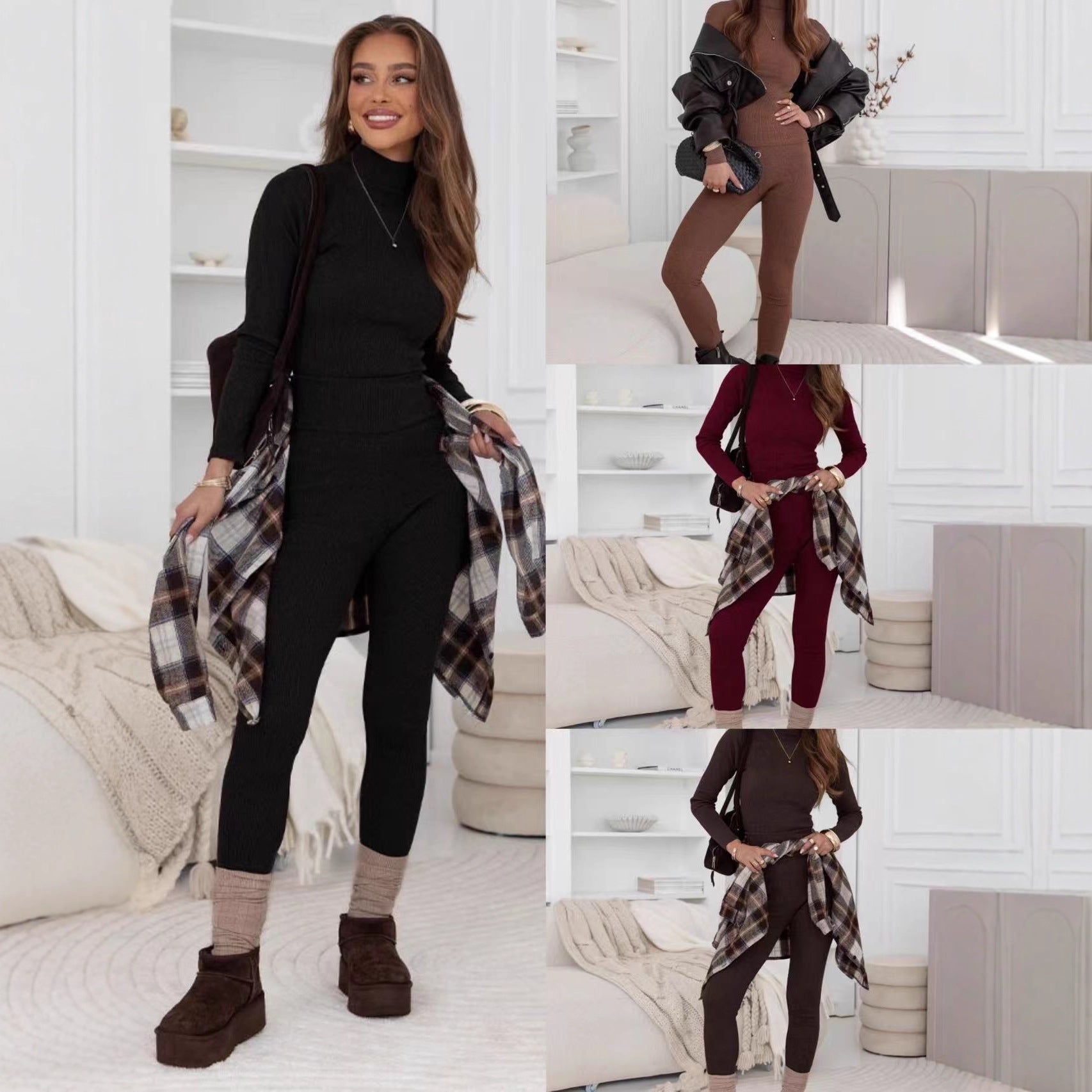 Damen Leggings-Set mit Hochgeschlossenem Oberteil Rippstruktur - Norvielle