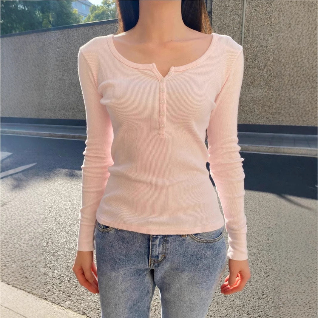 Damen Langarmshirt Rippstruktur Knöpfe Weiß Norvielle - Norvielle