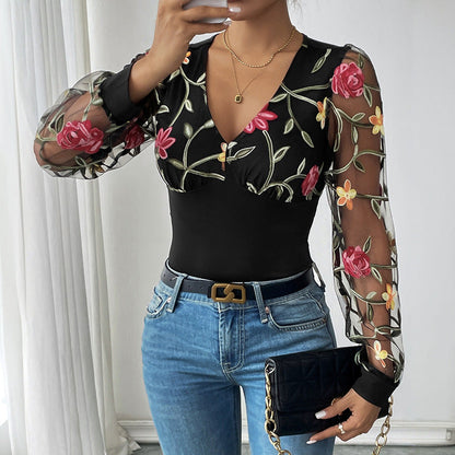 Damen Body mit bestickten Puffärmeln und V-Ausschnitt