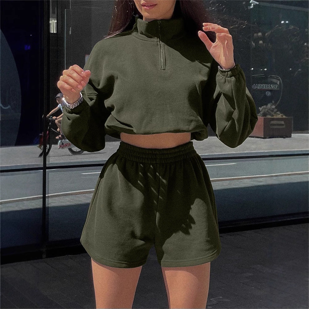 Damen Sportoberteil Cropped Kapuzenpulli mit kurzen Hosen