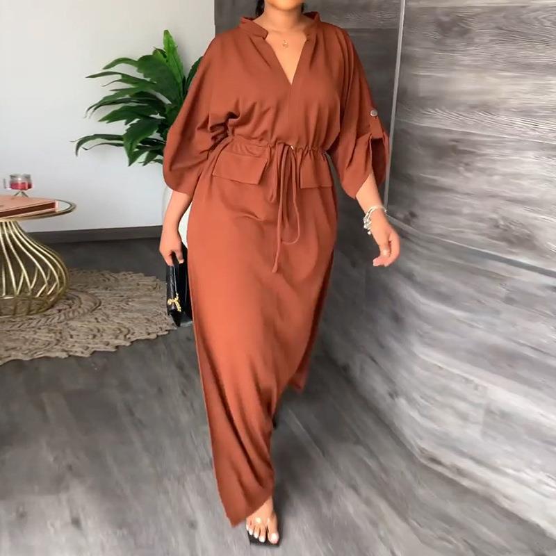 Damen Maxikleid mit Gürtel Weite Ärmel Norvielle