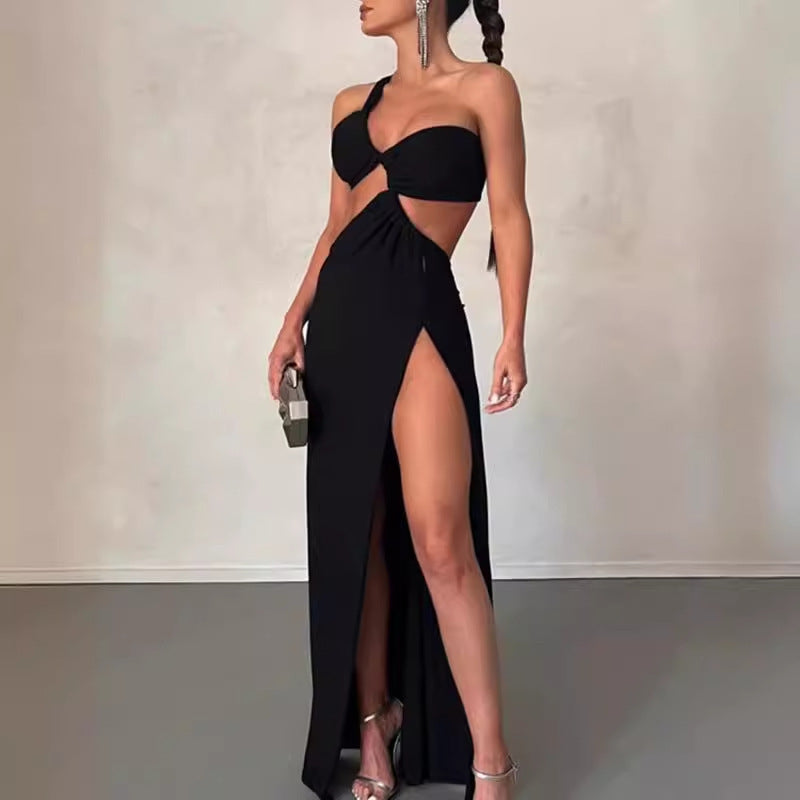 Damen Maxikleid Asymmetrisch Elegantes Drapieren Schwarz - Norvielle
