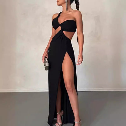 Damen Maxikleid Asymmetrisch Elegantes Drapieren Schwarz - Norvielle