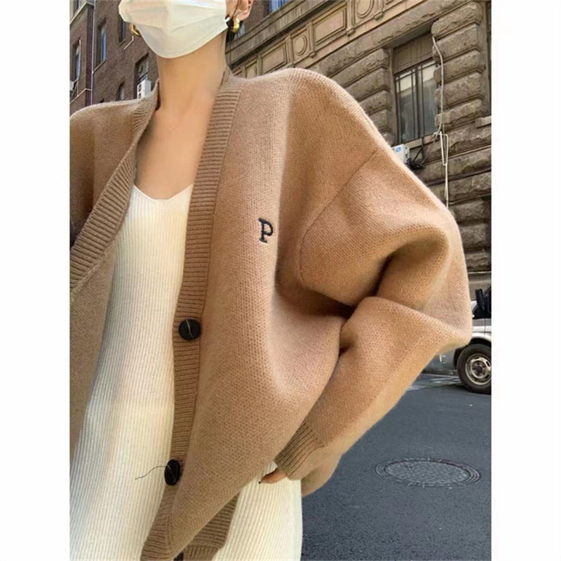 Damen Oversized Cardigan V-Ausschnitt Hochwertig Beige - Norvielle