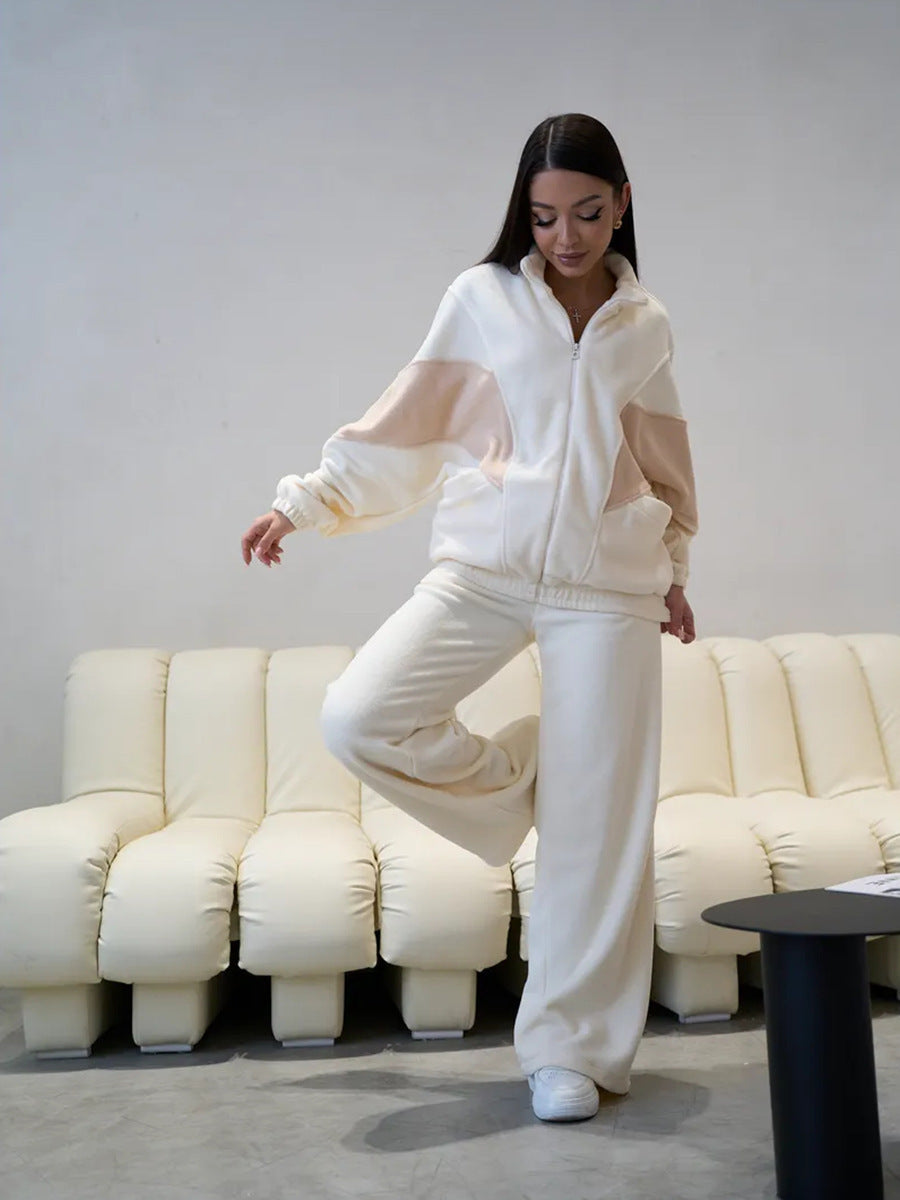 Damen Sportliches Fleece-Set mit hohem Kragen und weiten Hosen