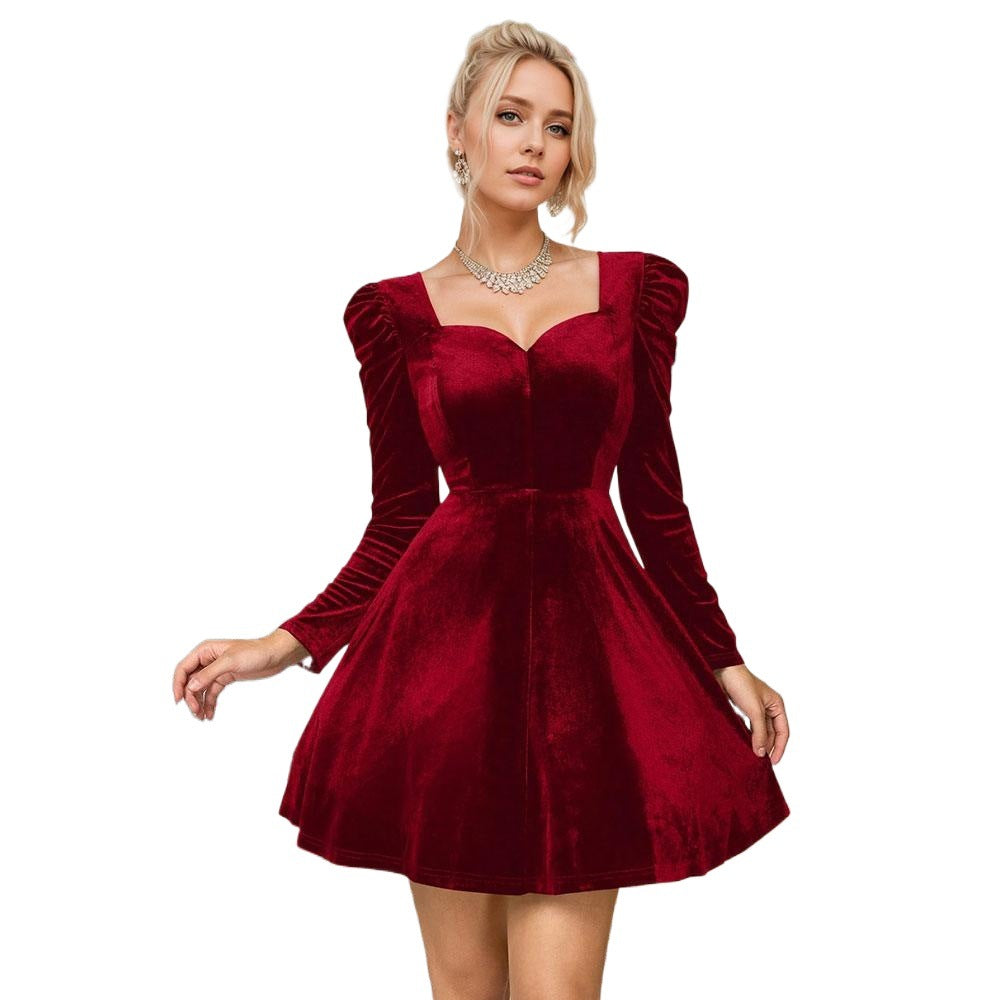 Damen Velours Minikleid Herz-Ausschnitt Länge Knie Lange Puffärmel