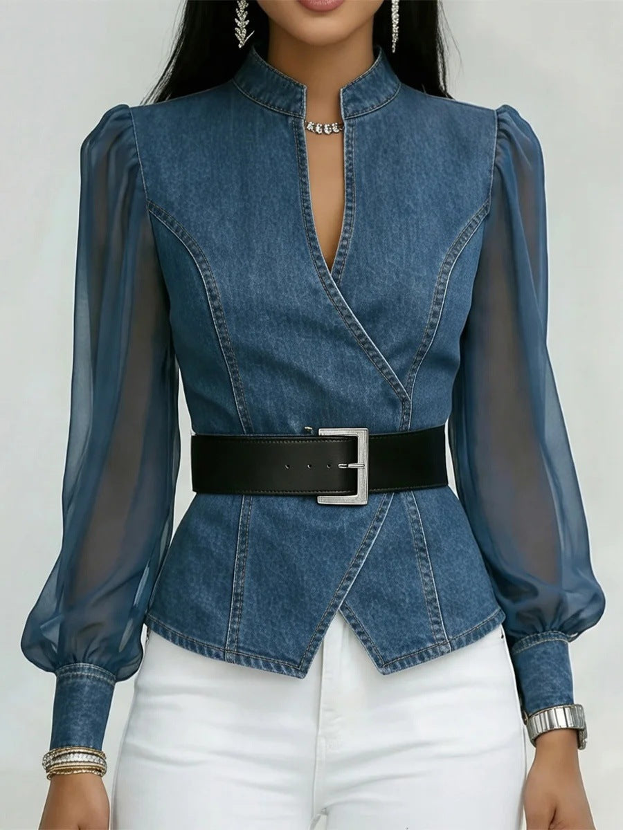 Damen JeansbluseTransparente Ärmel Tailliert