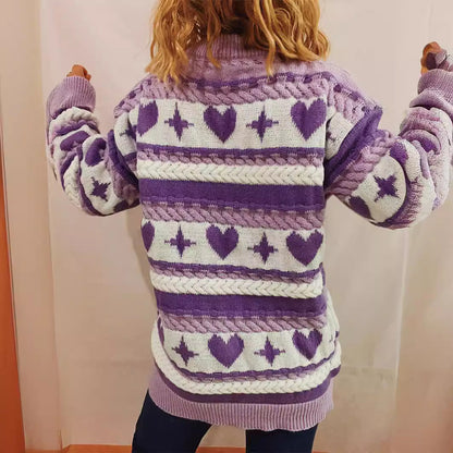 Damen Pullover Grobgestrickt Herzförmiges Muster Breite Streifen