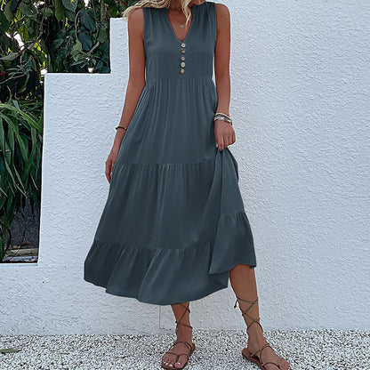 Damen Maxikleid Luftig Knöpfe Rüschensaum Norvielle