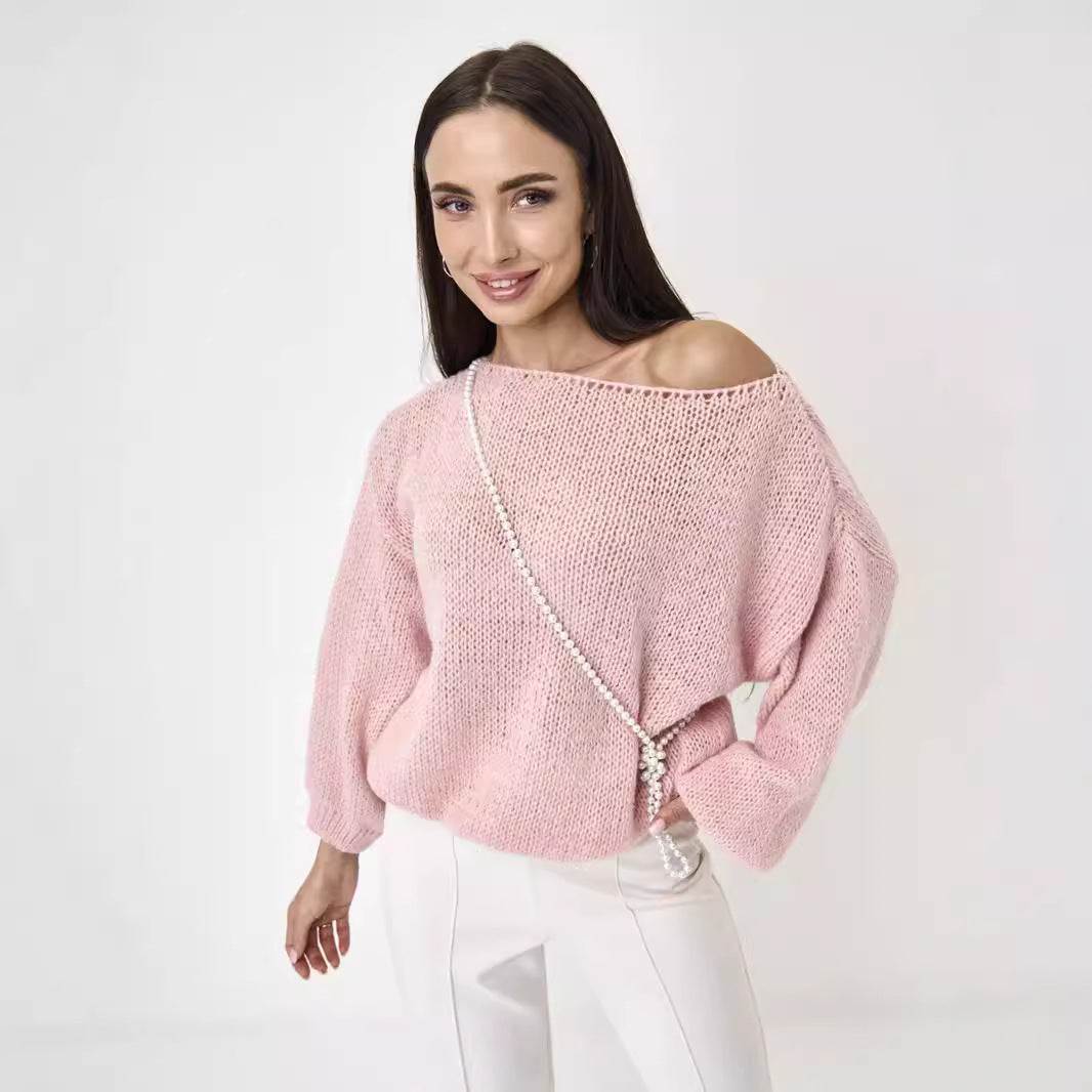 Damen Grobstrickpullover Weite Ärmel Rundhalsausschnitt Beige - Norvielle