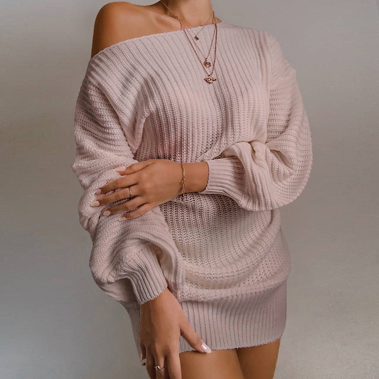 Damen Strickkleid Schulterfrei Voluminöse Ärmel Norvielle