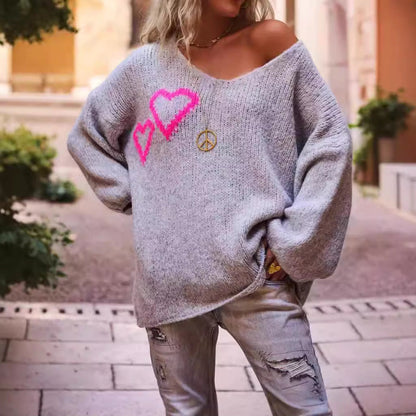 Damen Strickpullover Oversize mit Herzapplikationen Norvielle