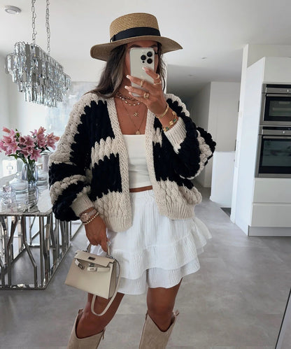 Damen Strickcardigan Oversized Zopfmuster Beige