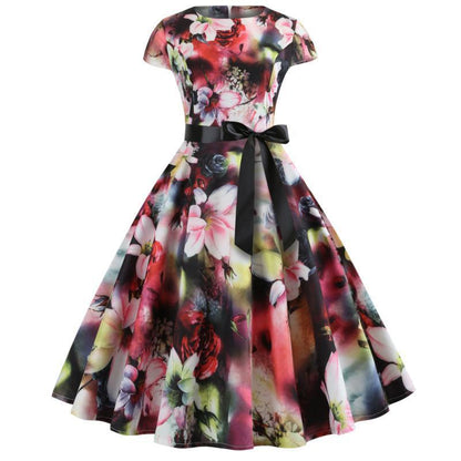 Damen A-Linien Kleid Blumenmuster Mit Taillengürtel