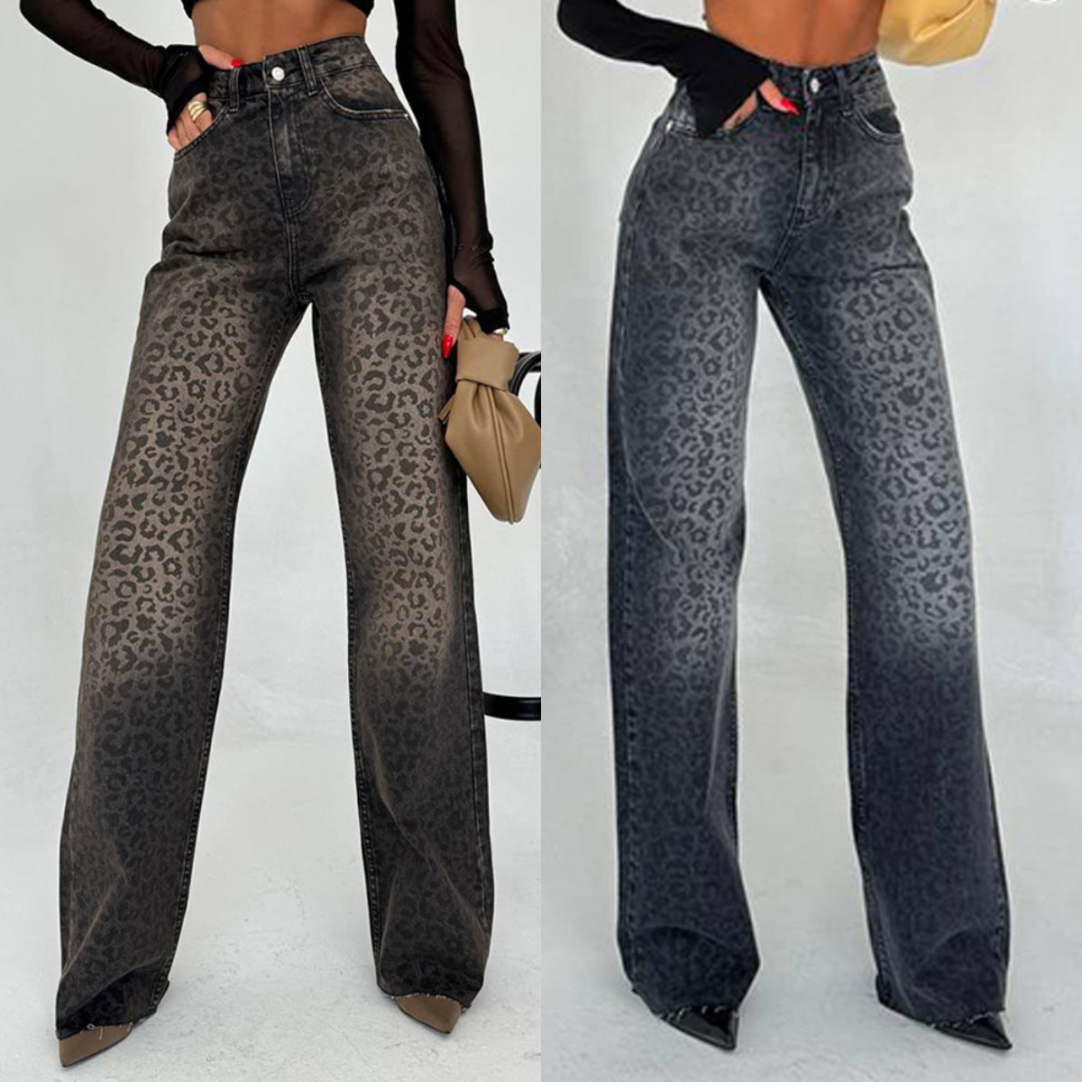 Damen Leoprint Jeanshose Hohe Taille Weite Bein - Norvielle