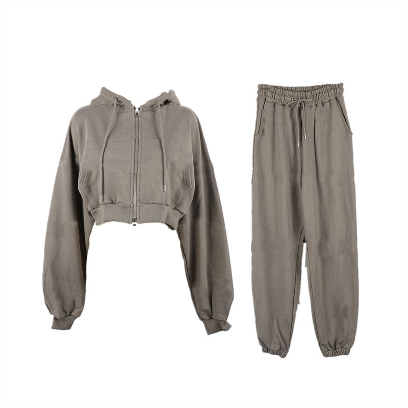 Damen Sportset Cropped Kapuzenjacke Jogginghose