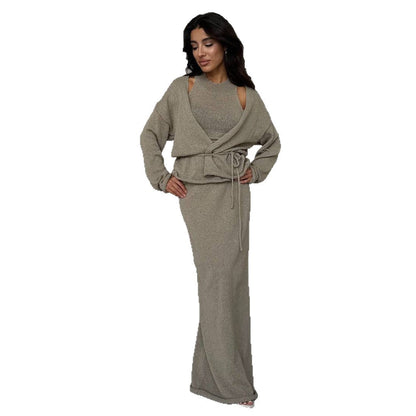 Damen Strickanzug Lang mit Bindegürtel Norvielle