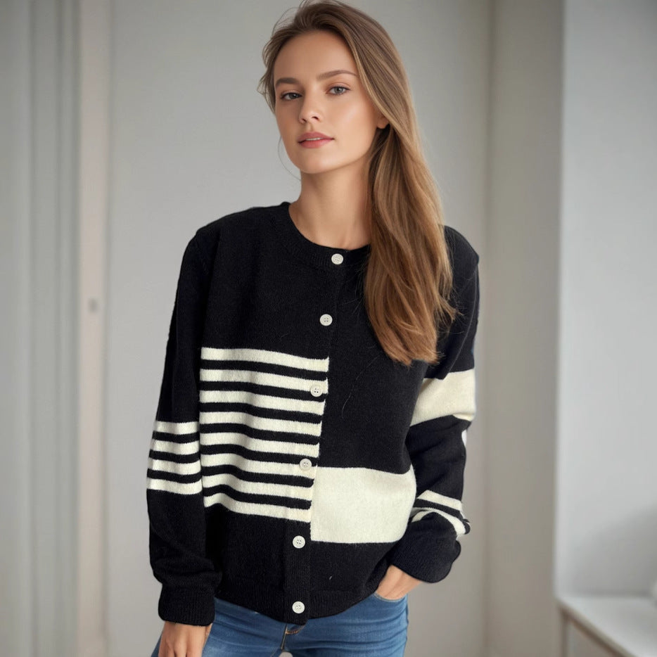 Damen Strickjacke Kontraststreifen Elegante Knöpfe Norvielle - Norvielle