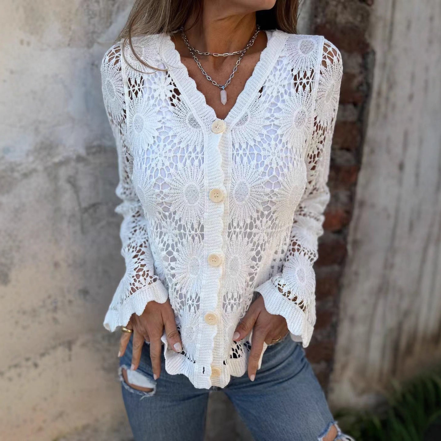 Damen Häkelcardigan Florales Design Knopfverschluss Norvielle