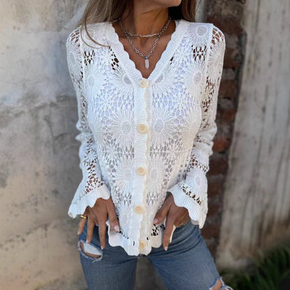 Damen Häkelcardigan Florales Design Knopfverschluss Norvielle