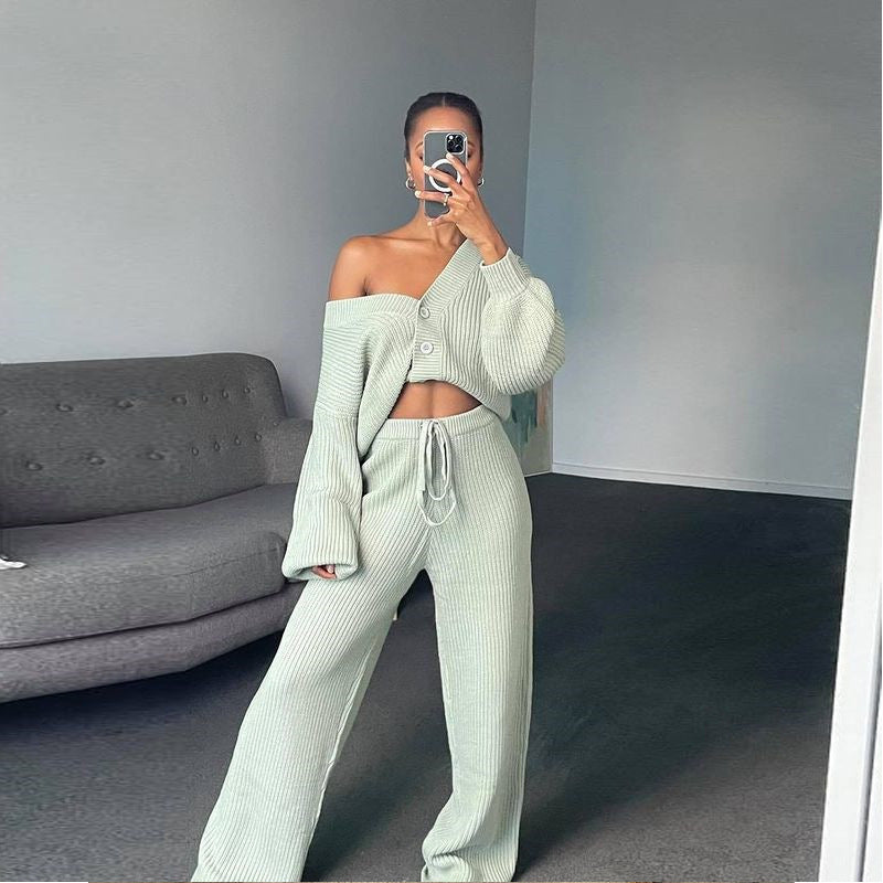 Damen Strick-Loungewear-Set mit Knöpfen und verstellbarem Bund