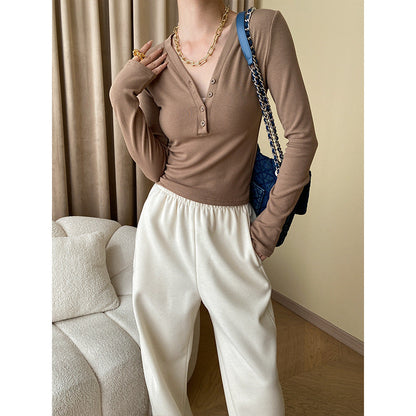 Damen Langarmshirt Rippstrick Modische Knöpfe