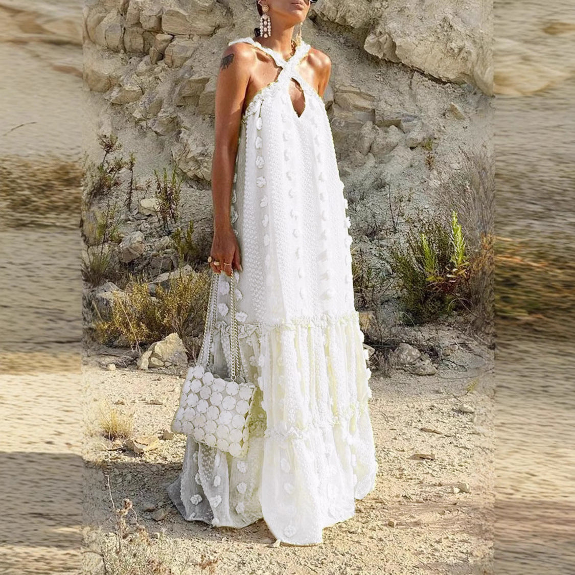 Damen Maxikleid mit Volants und floralen Applikationen Norvielle