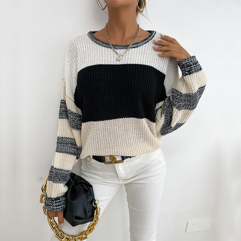 Damen Strickpullover Norvielle Weites Ärmel Blockdesign