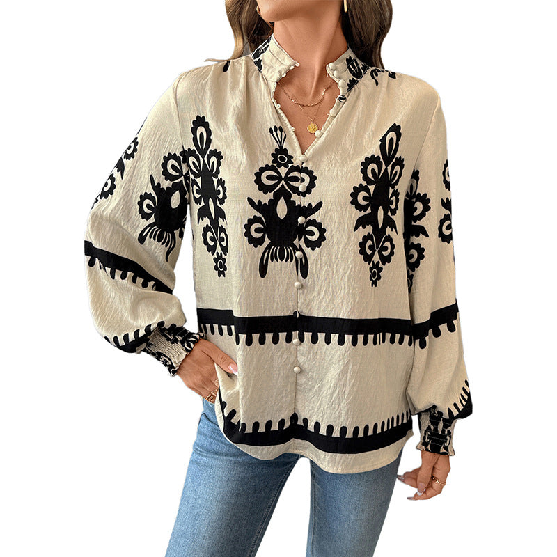 Damen Bluse Botanischer Druck Puffärmel Norvielle