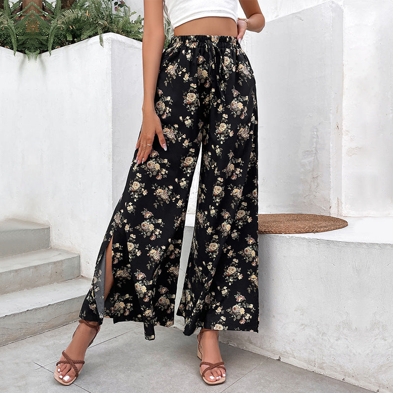 Damen Palazzo-Hose Floralmuster Seidenstoff Schwarz - Norvielle