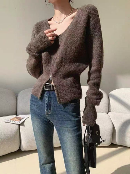Damen Strickcardigan V-Ausschnitt Reißverschluss Norvielle