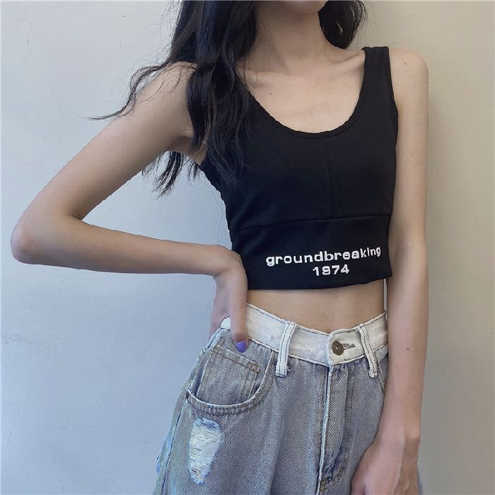 Damen Tanktop Cropped mit Schriftzug Figurbetont