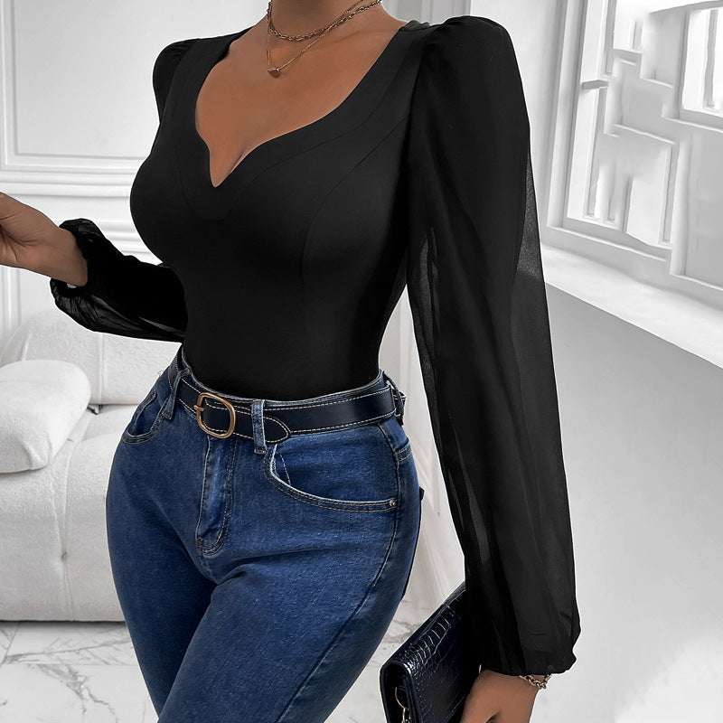 Damen Body mit Puffärmeln und V-Ausschnitt