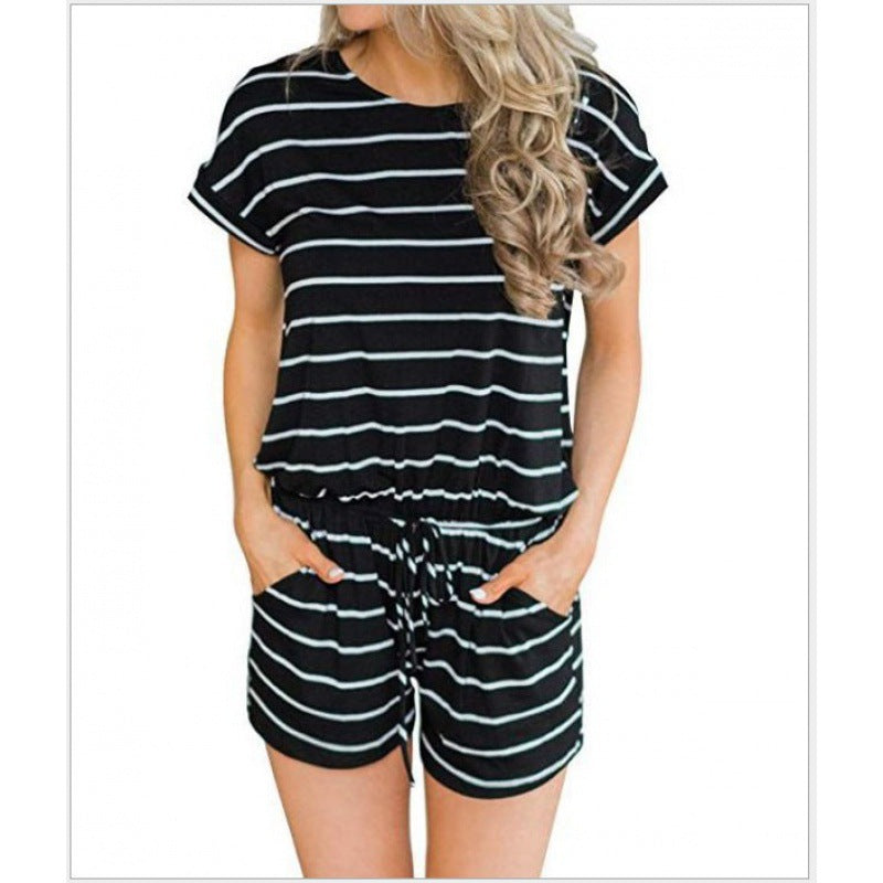 Damen Jumpsuit Kurzarm Elastischer Bund Praktische Taschen
