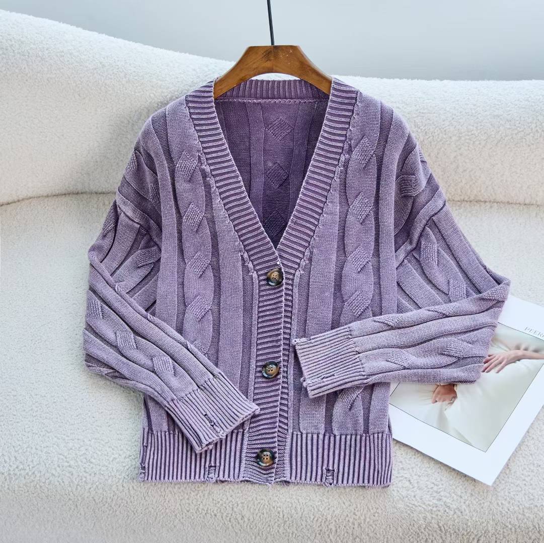 Damen Grobstrick Cardigan V-Ausschnitt Zopfmuster Beige