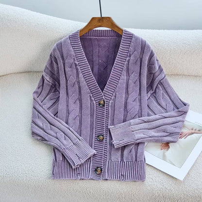 Damen Grobstrick Cardigan V-Ausschnitt Zopfmuster Beige
