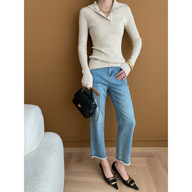 Damen Strickpullover V-Ausschnitt Knopfleiste Norvielle