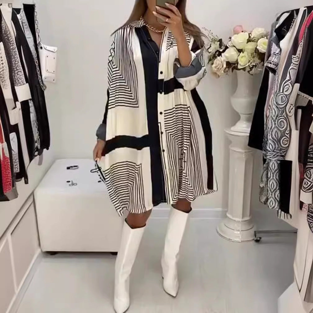 Damen Hemdblusenkleid mit grafischem Muster und Volumenärmeln - Norvielle