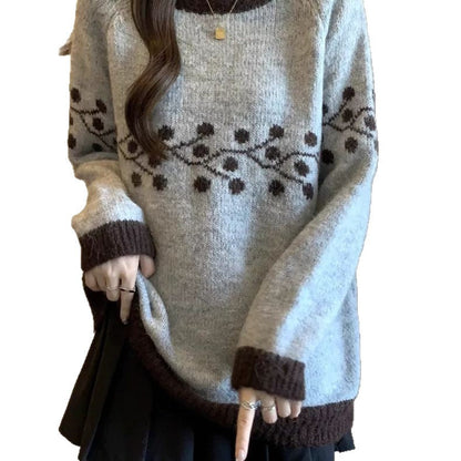 Damen Strickpullover Weich Floralmuster Spitzen Beige