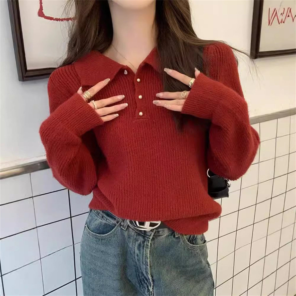 Damen Pullover mit Polokragen Weiches Strick Norvielle