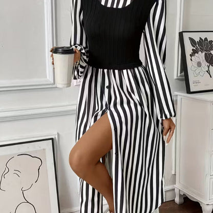 Damen Kleid Streifen Tailliert Knöpfe