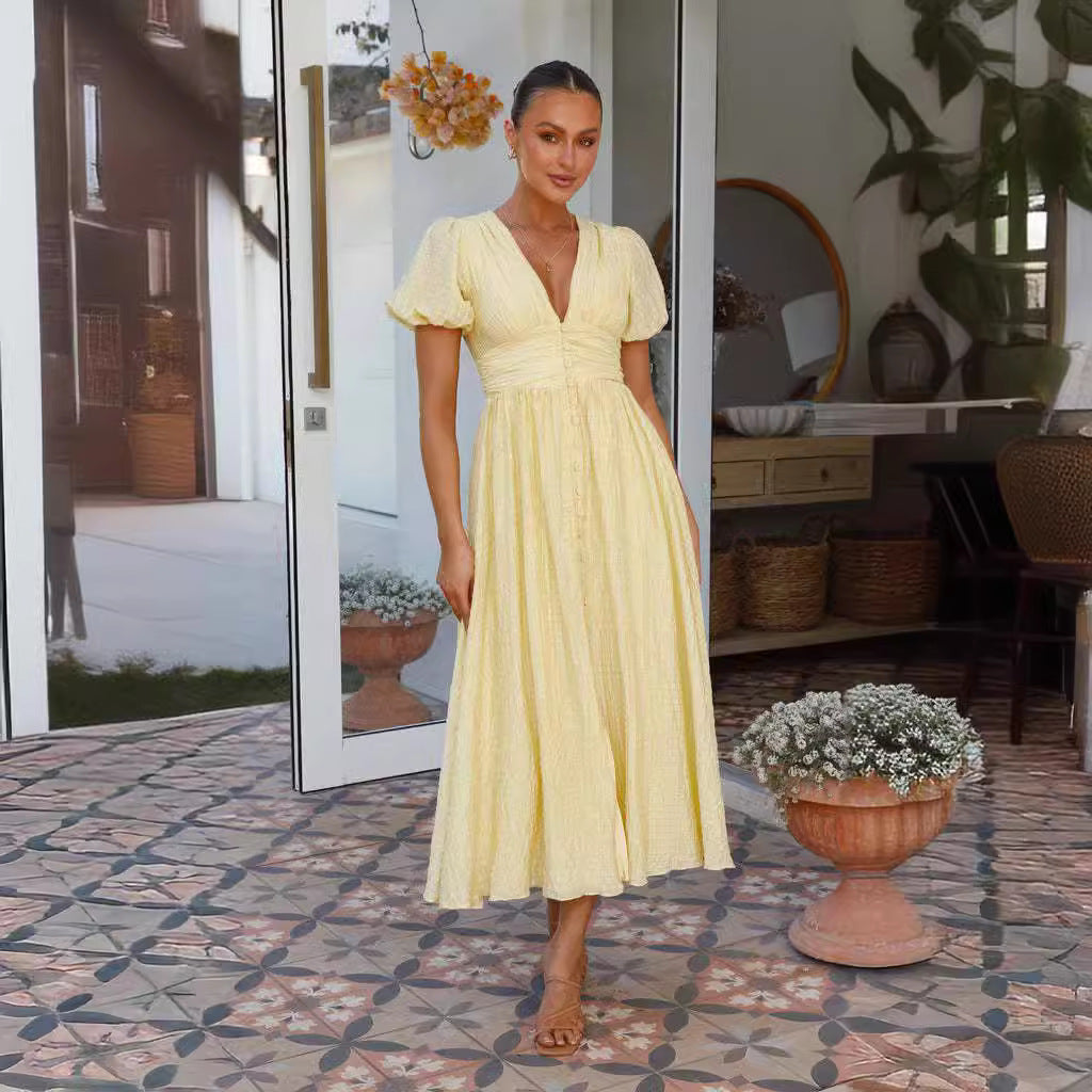 Damen Maxi-Kleid V-Ausschnitt Rüschen Design