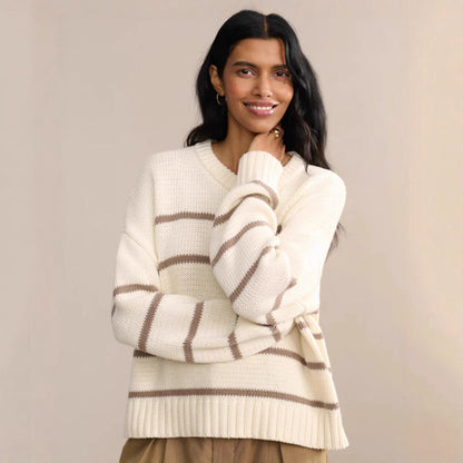 Damen Strickpullover Breitstreifen Rundhals weiß