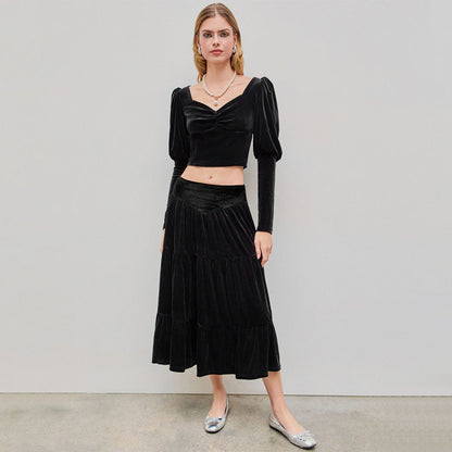 Damen Rüschenshirt Set mit Maxi-Rock