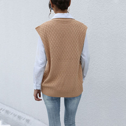 Damen Strickpullover Ohne Ärmel V-Ausschnitt Strukturiert Beige