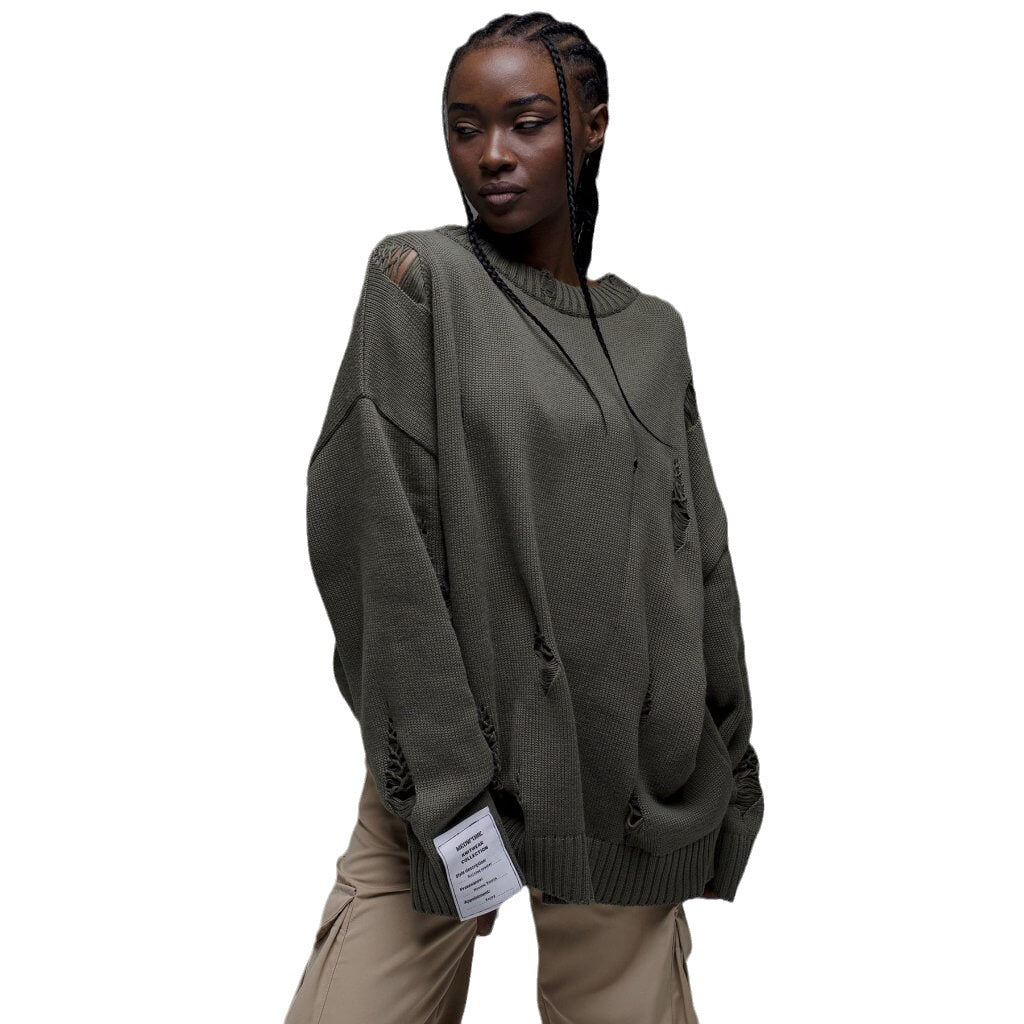 Damen Oversized Pullover Grob gestrickt Distressed Details Beige
