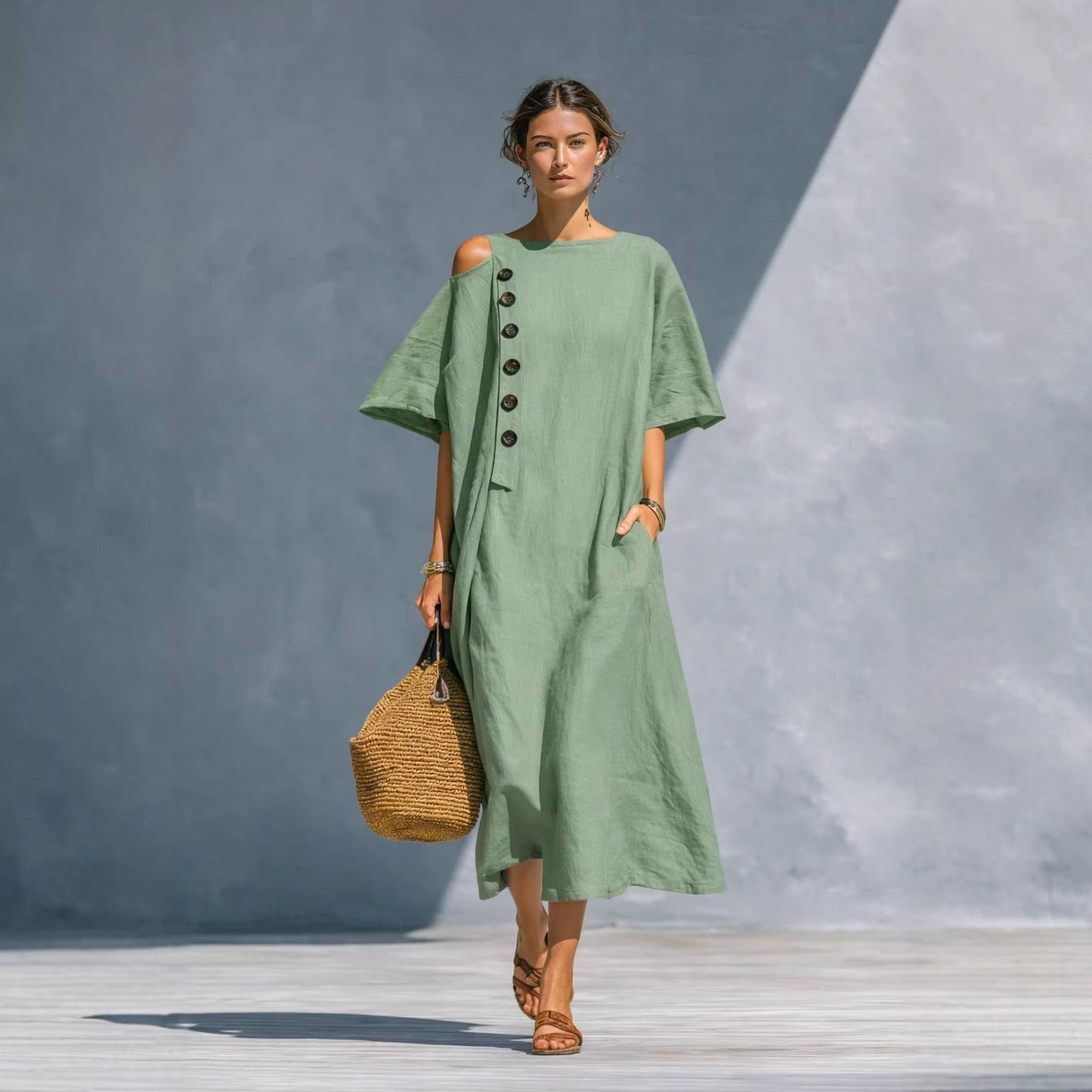 Damen Oversize Langarmkleid Asymmetrischer Ausschnitt Knöpfe