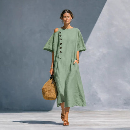 Damen Oversize Langarmkleid Asymmetrischer Ausschnitt Knöpfe