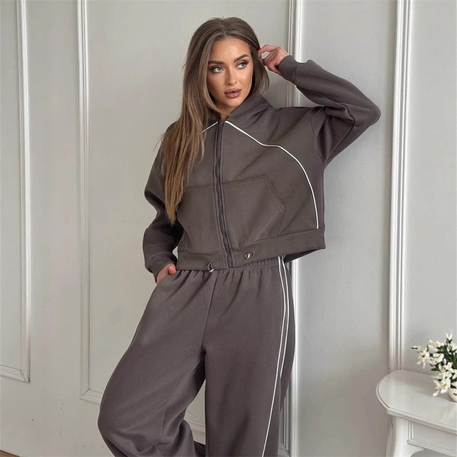 Damen Sportliches Kapuzen-Set Kontrastpaspel Cropped Norvielle
