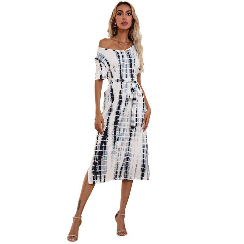 Damen Midikleid Wickeldesign Taillengürtel Elegant
